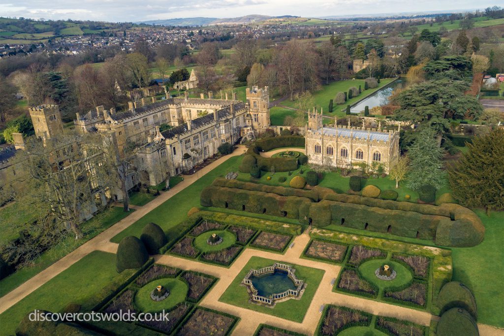 An aerial photo of Sudeley Castle, showing the extent of the buildings and gardens