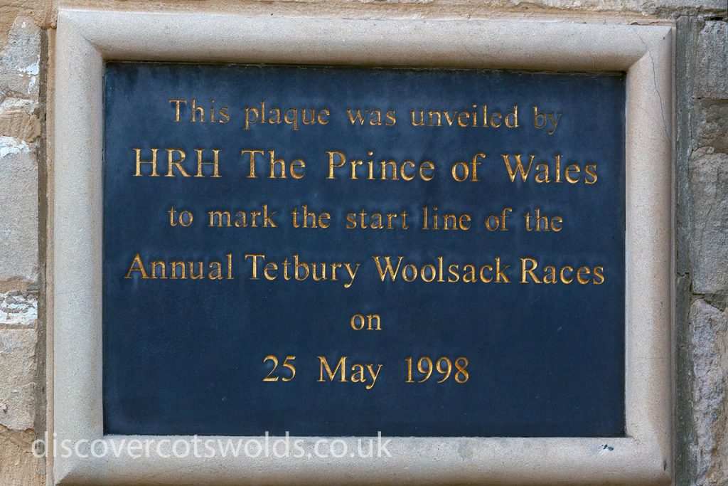 Plaque marking the start of the Tetbury Woolsack races