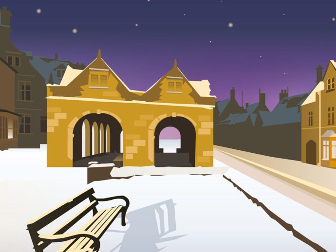 Close up of illustration of Chipping Campden at night