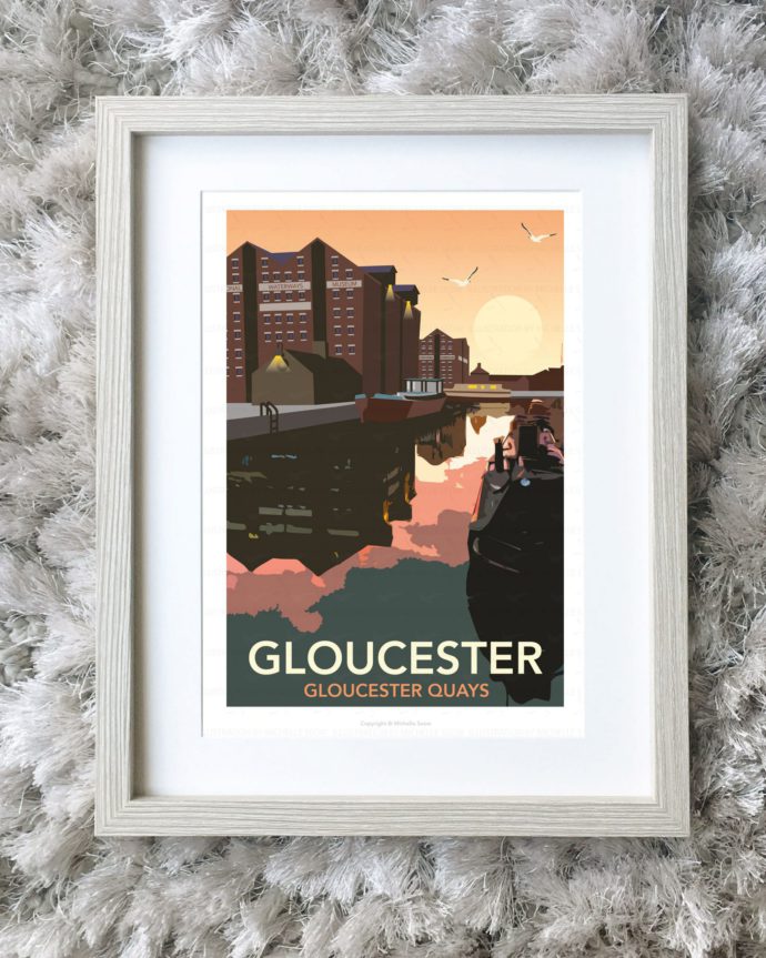 Framed illustration of Gloucester Docks at night