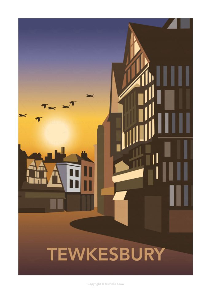 Travel post of Tewkesbury at sunset